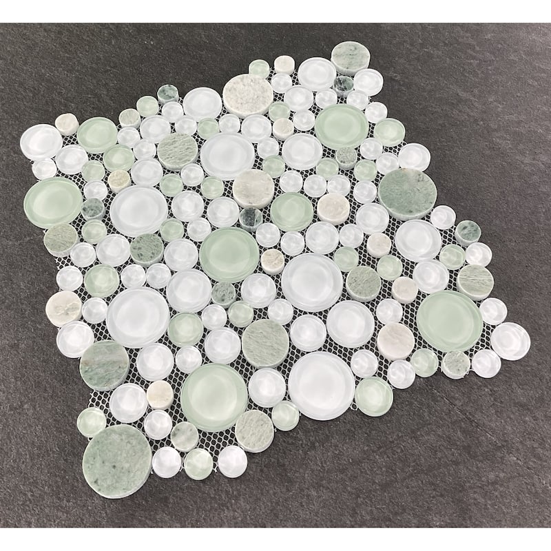 Green & White Pebble Round Glass And Marble Mosaic Tile - Case (10 Sheets)