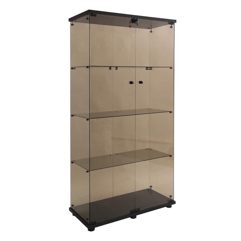 4-Shelf Glass Display Cabinet with Two-door Tawny Glass Cabinet, Floor Standing Curio Bookshelf for Living Room Bedroom