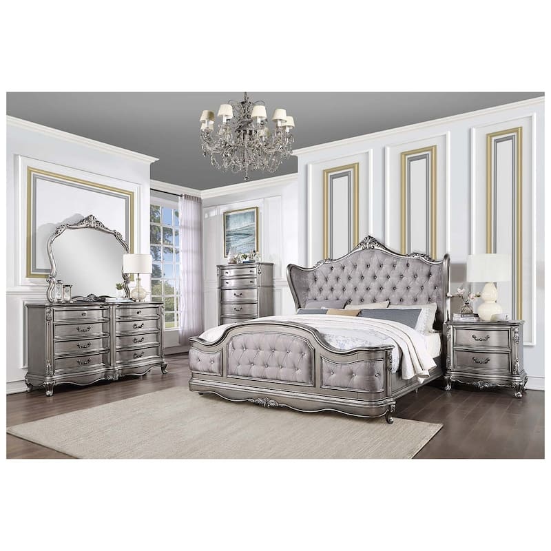 King Size Bed Frame Glam Style Antique Platinum Finish Bedroom Furniture