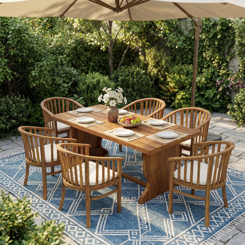 Christopher Knight Home - 7-Piece Outdoor Acacia Dining Set with Curved Back Armchairs, Slat Table & Water-Resistant Cushion