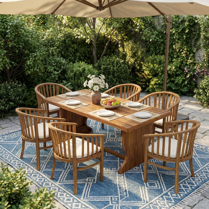 Christopher Knight Home - 7-Piece Outdoor Acacia Dining Set with Curved Back Armchairs, Slat Table & Water-Resistant Cushion