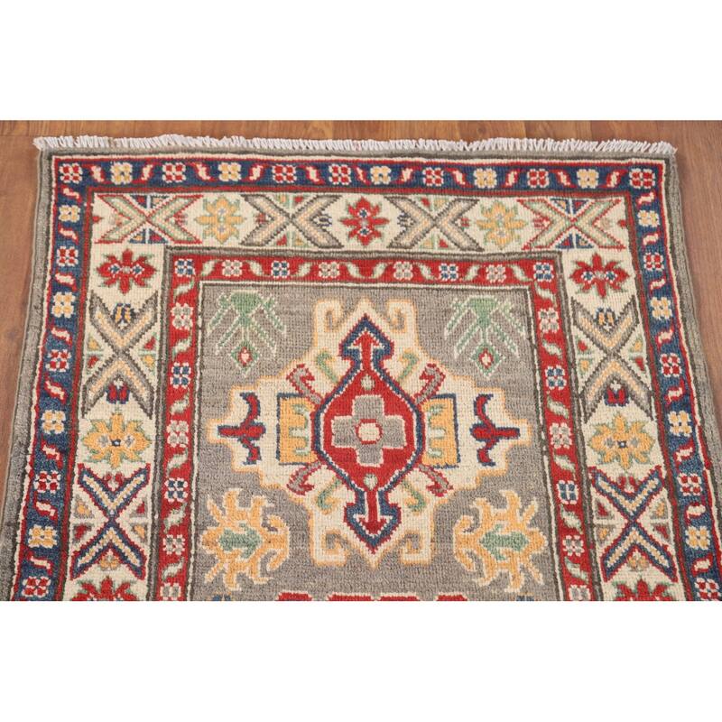 Geometric Kazak Accent Rug Hand-Knotted Grey Wool Carpet - 2'6" x 4'3"