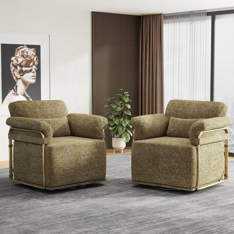 360 Degree Barrel Swivel Fluffy Fabric Lounge Wide Upholstered Reading Chair with Gold Metal Legs