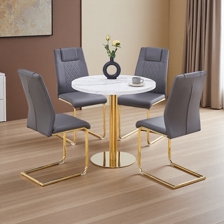 5-Piece Dining Set with Marble Pattern Round Table and 4 PU Armless ...
