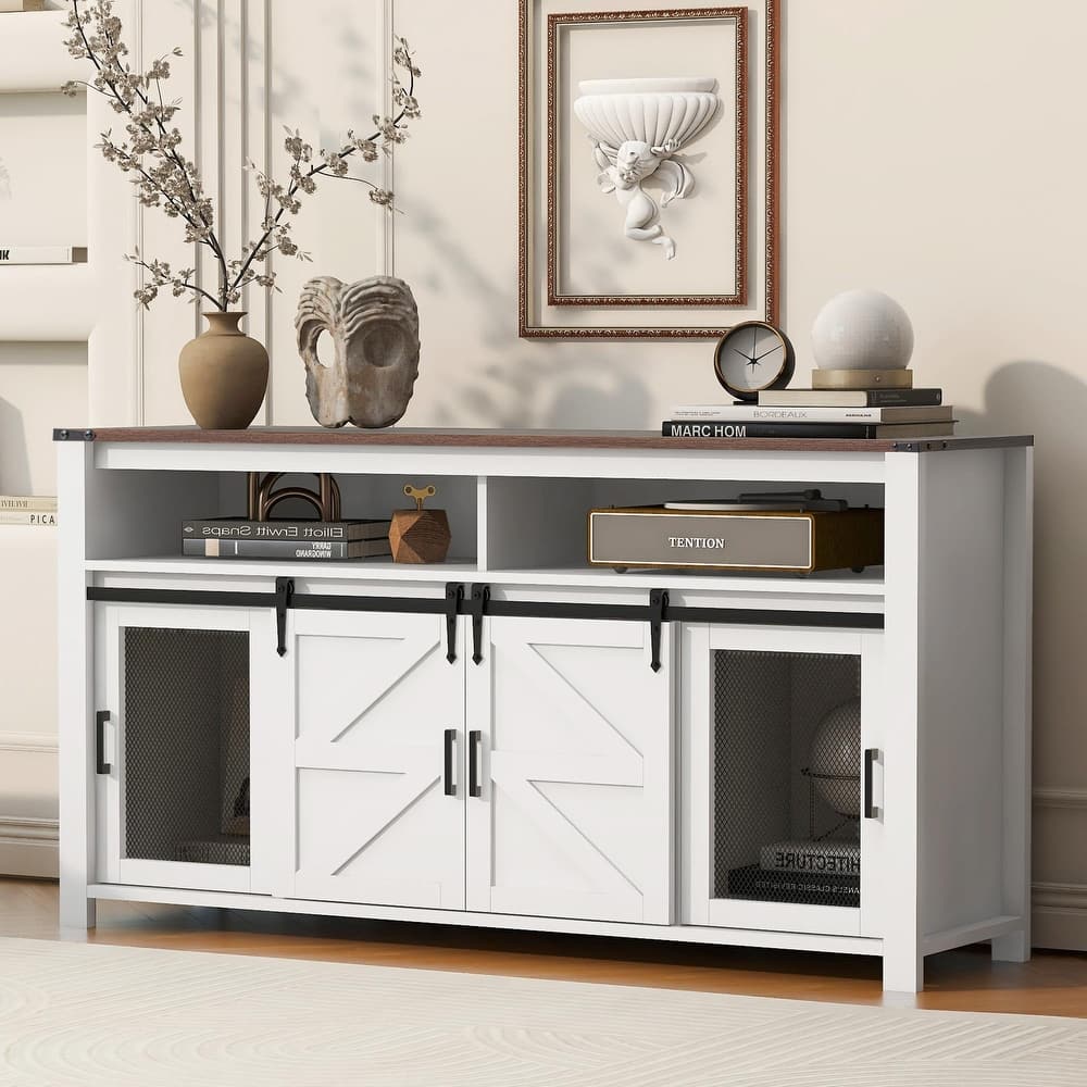 59.3'' Sideboard with Sliding Barn Door and Mesh Panels, Farmhouse Buffet with Open Storage