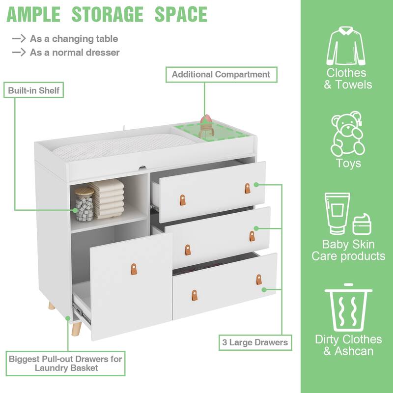 Baby Changing Table Dresser with 4 Drawers,Shelf Hidden Trash Storage