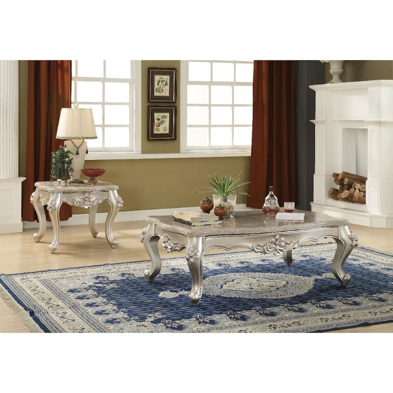 Traditional Style Rectangular Wood and Marble Coffee Table, Silver