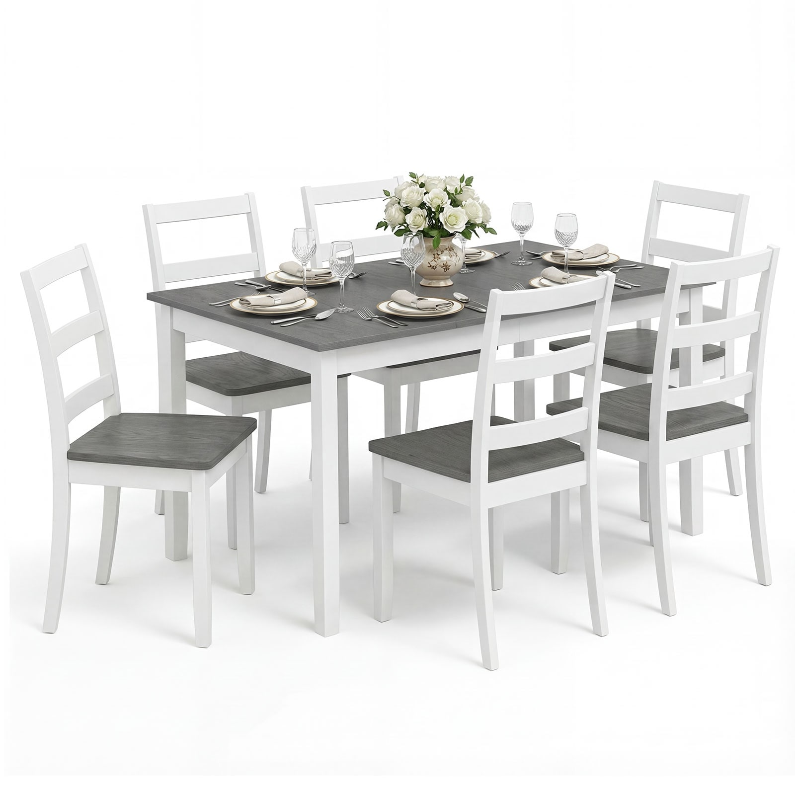 Gymax 7-Piece Dining Set Solid Wood Kitchen Furniture w/ Rectangular