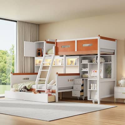All-in-One Twin Over Full Bunk Bed with LED Light Shelevs and Built-In Desk by Harper&Bright Designs