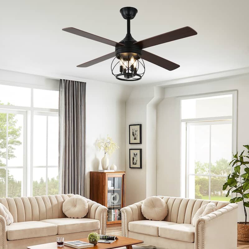 Cusp Barn 52" Modern Ceiling Fan with Light and Remote,Black 4-Light 6 Speeds Quiet Operation Reversible Caged Ceiling Fan