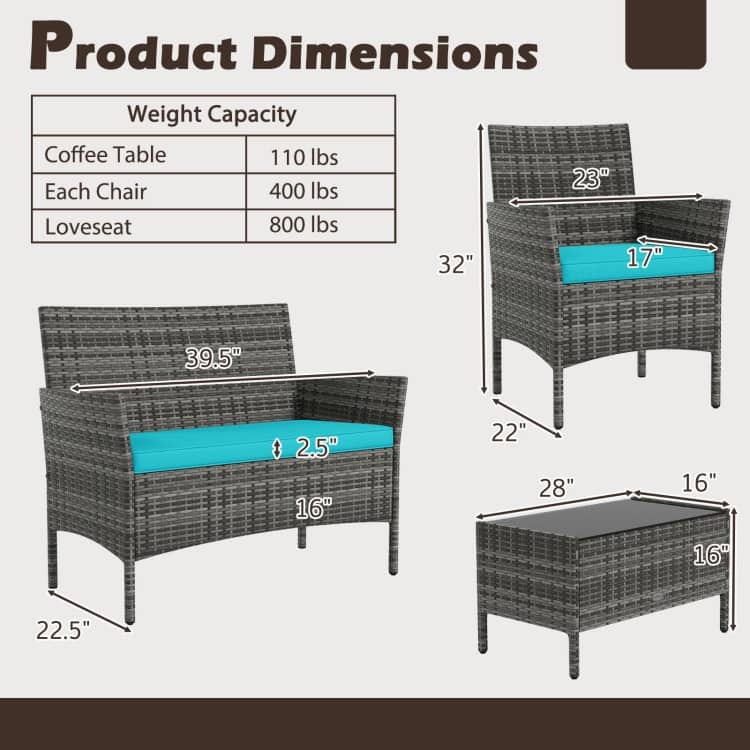 4 Piece Outdoor Rattan Patio Set with Cushions and Glass Table - 39.5" x 22.5" x 32"