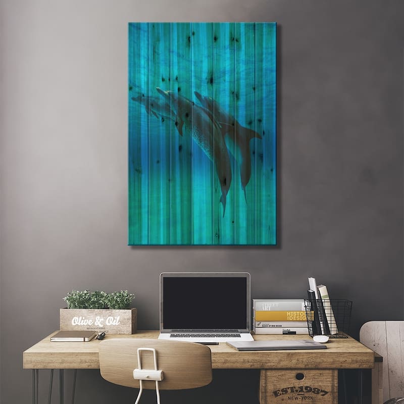 Atlantic Spotted Dolphin Trio With Remoras, Bahamas, Caribbean Print On Wood by Hiroya Minakuchi - Multi-Color