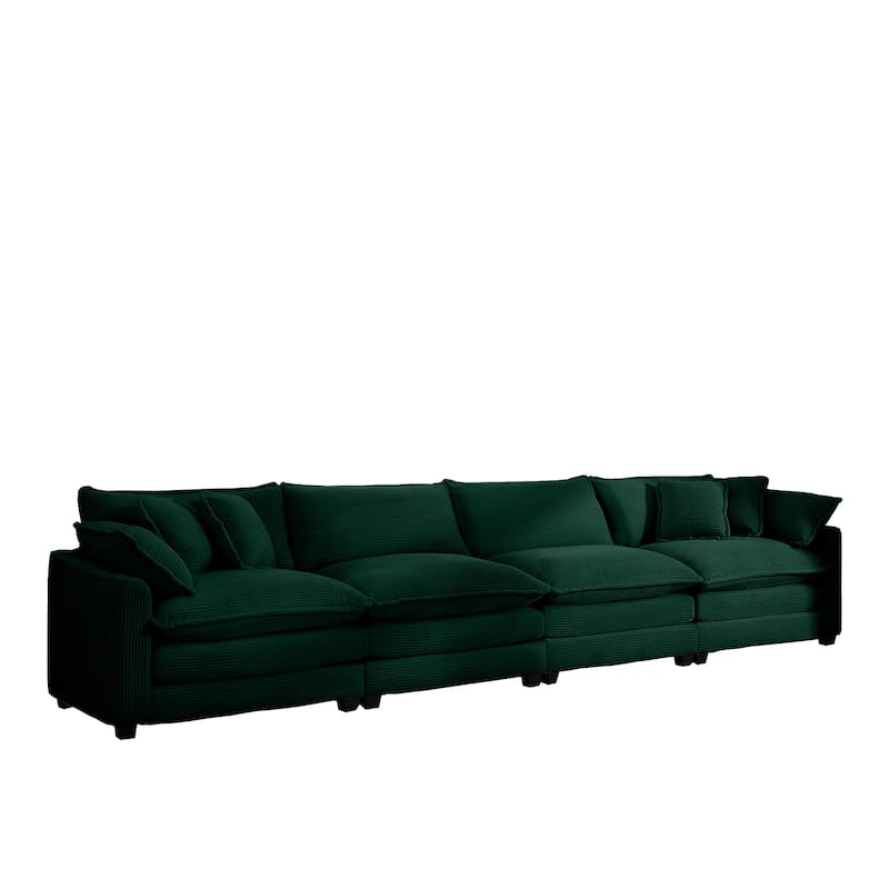 Green 150" Corduroy Cloud Upholstered 4-seater Modular Sectional Sofa with 6 Pillows, Double Cushion Seat, Free Combination