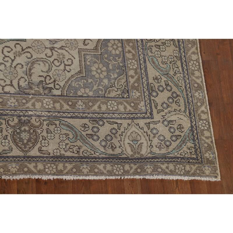 Distressed Tabriz Vintage Persian Rug Hand-Knotted Beige Wool Carpet - 9'6" x 12'8"