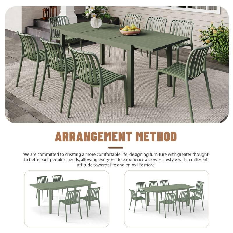 Outdoor Dining Set 9-Piece Stackable Plastic Lightweight Dining Chair and Extendable Dining Table
