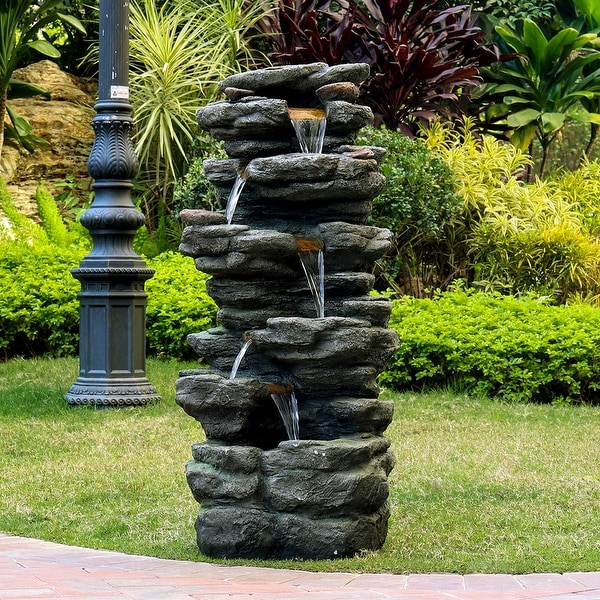 6 Tier Rock Water Fountain w LED Lights Outdoor Waterfall for