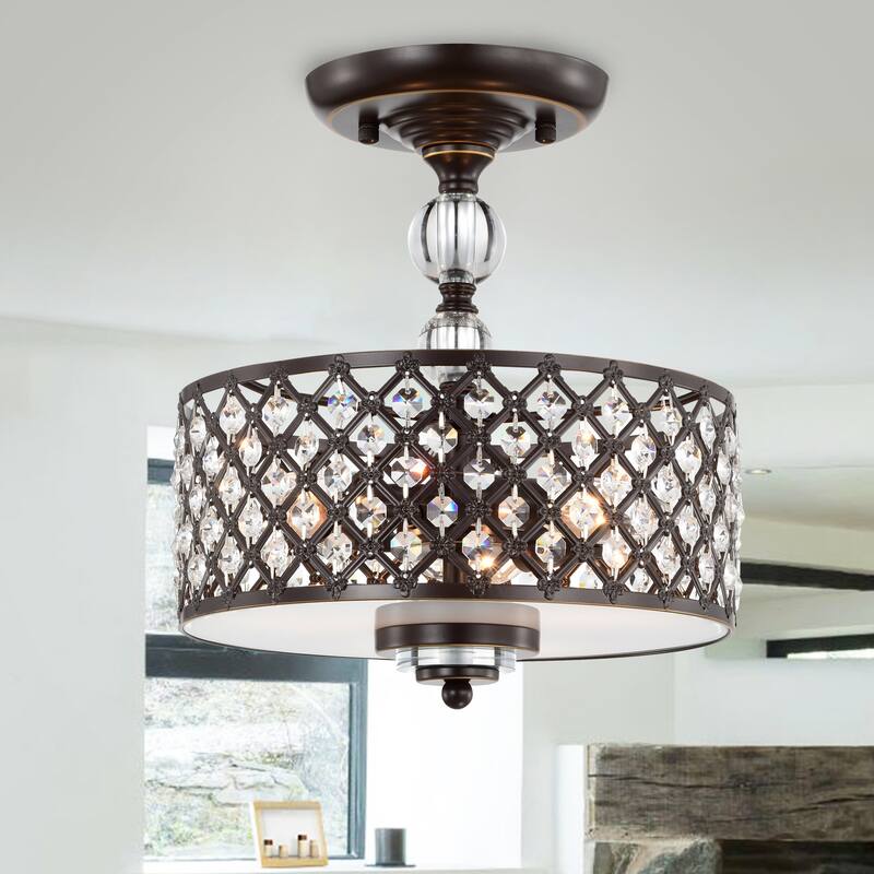 Crystal Flush Mount Chandelier 3-Light Oil Rubbed Bronze Ceiling Light