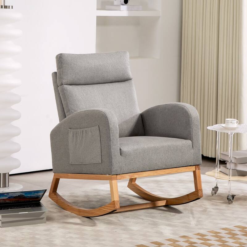Nursery Chair Rocking Chair Glider Chair, Upholstered Accent Chair with Rubber Wood Legs, Comfy High Backrest, Side Pockets