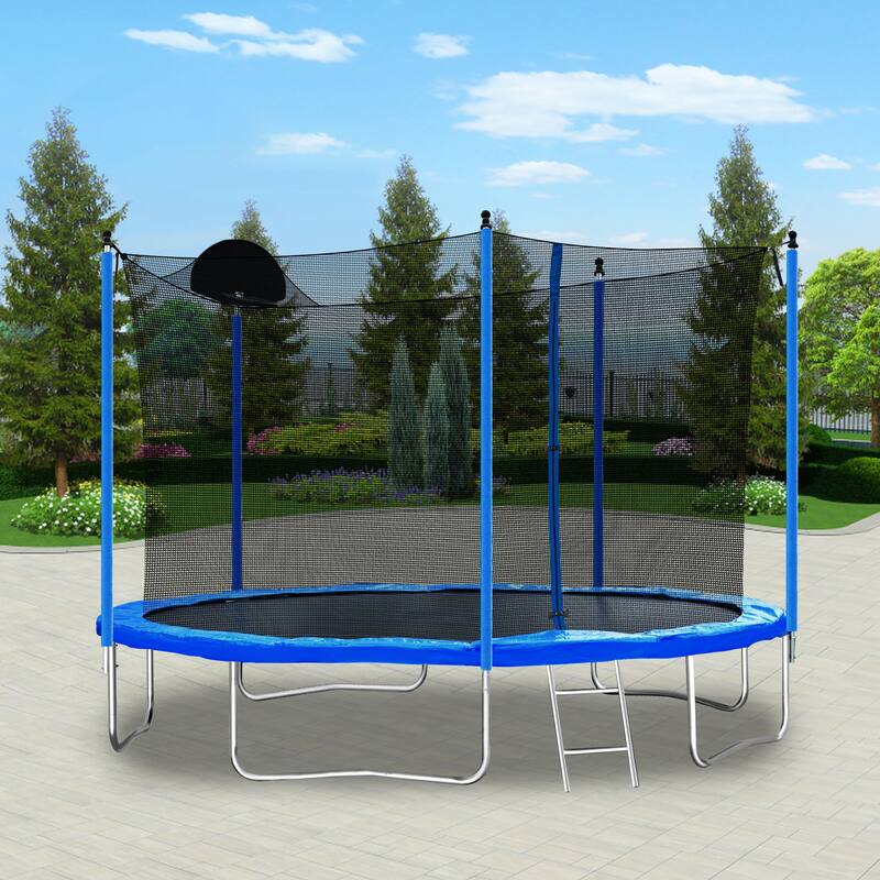 Recreational Trampoline - Basketball Hoop, Safety Enclosure Net, Ladder, Outdoor Use - Blue - 141.7