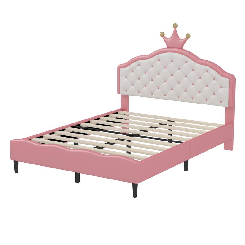 Crown-Shaped PU Leather Princess Bed with Tufted Headboard, Full Size Pink & Cream