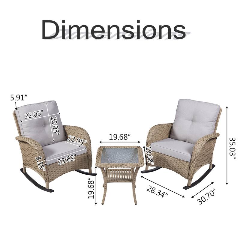 PlainCurve 3-Piece Wicker Outdoor Patio Conversation Set with Rocking Chairs and Olefin Cushions