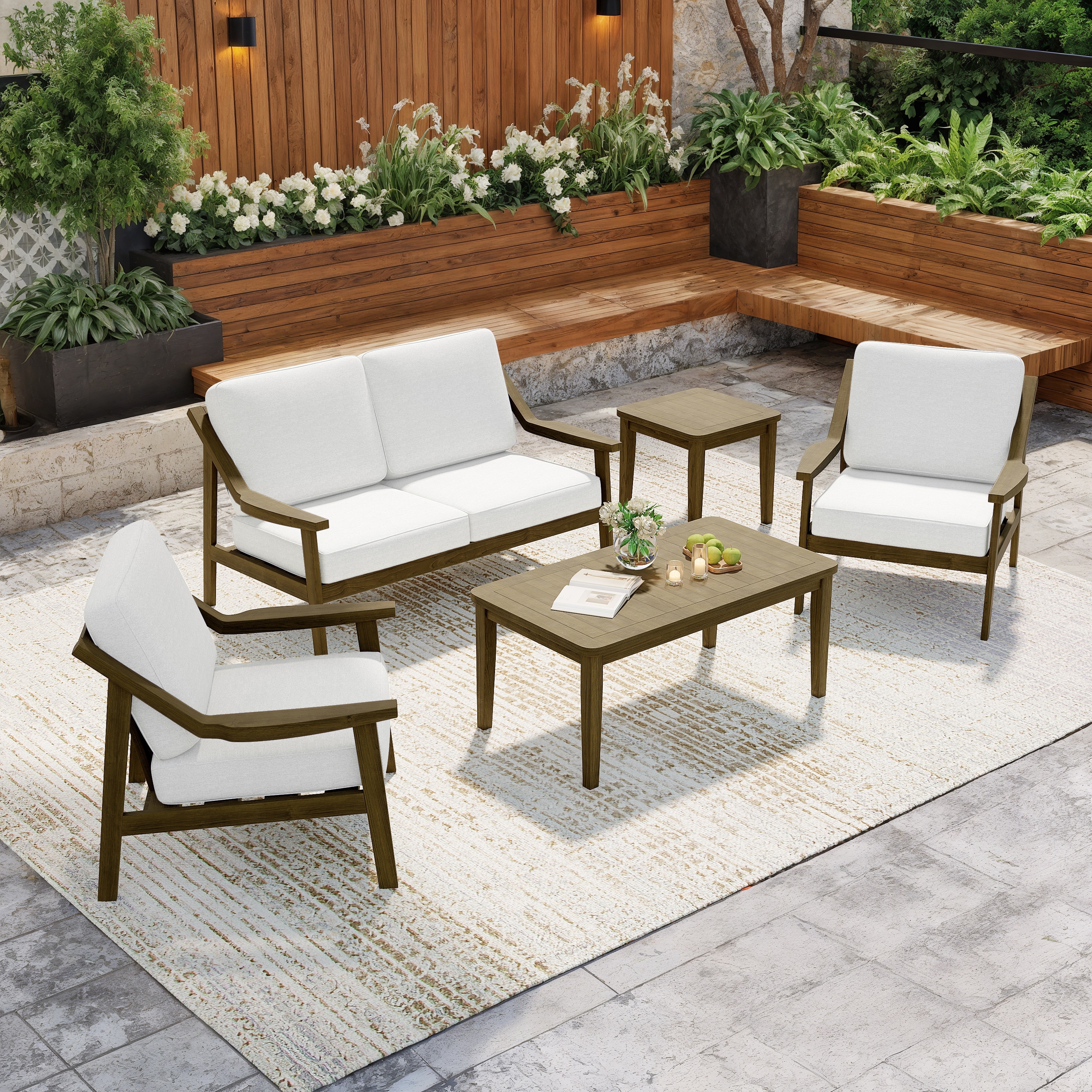 5-Piece Outdoor Sectional Wood Conversation Set with Table