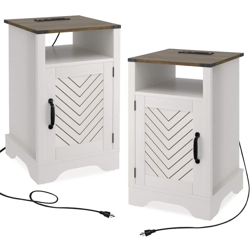 Farmhouse Nightstand with Charging Station and Barn Door (Set of 2) - White/Espresso