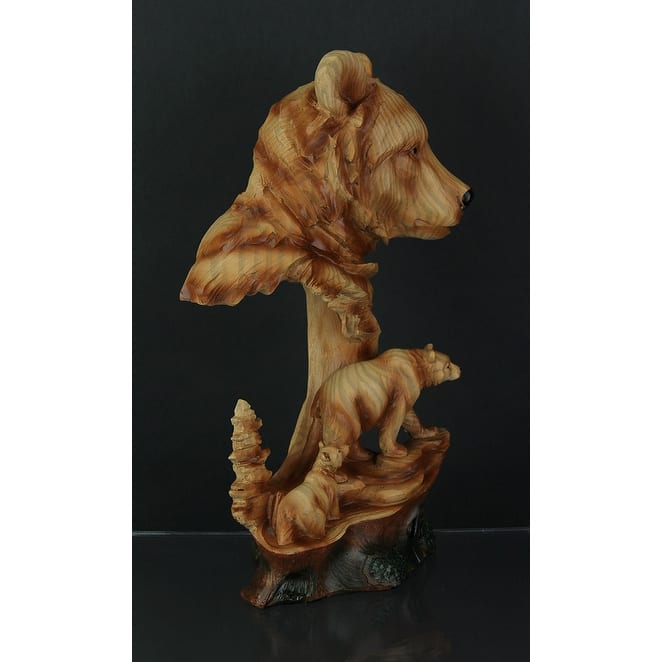 Faux Carved Bear Head And Family Wood Look Statue - 12 X 6.5 X 5.25 inches