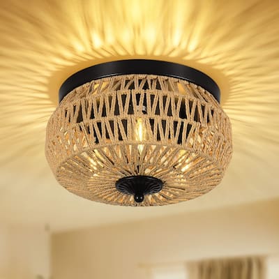 3-Lights Rattan Flush Pendant Light