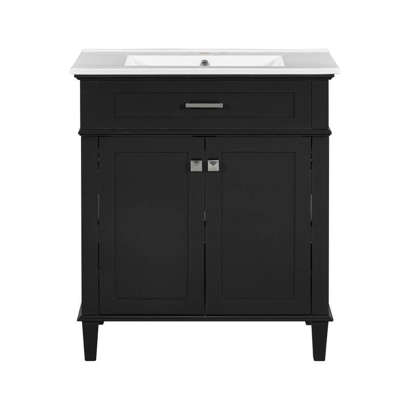 30'' Bathroom Vanity with Ceramic Sink Top, Freestanding Bathroom Vanity Cabinet with 2 Soft Close Doors and Adjustable Shelves