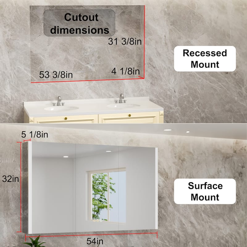 Rail Aluminum Recessed/Surface Mount Bathroom Medicine Cabinet with Mirror, Adjustable Brightness, Defogging & USB Port