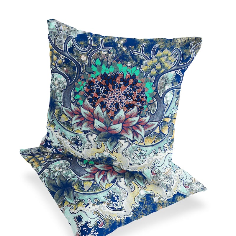 HomeRoots Set of Two 16" X 16" Blue and Yellow Blown Seam Floral Indoor Outdoor Throw Pillow - 16.00' X '16.00' X '5.00