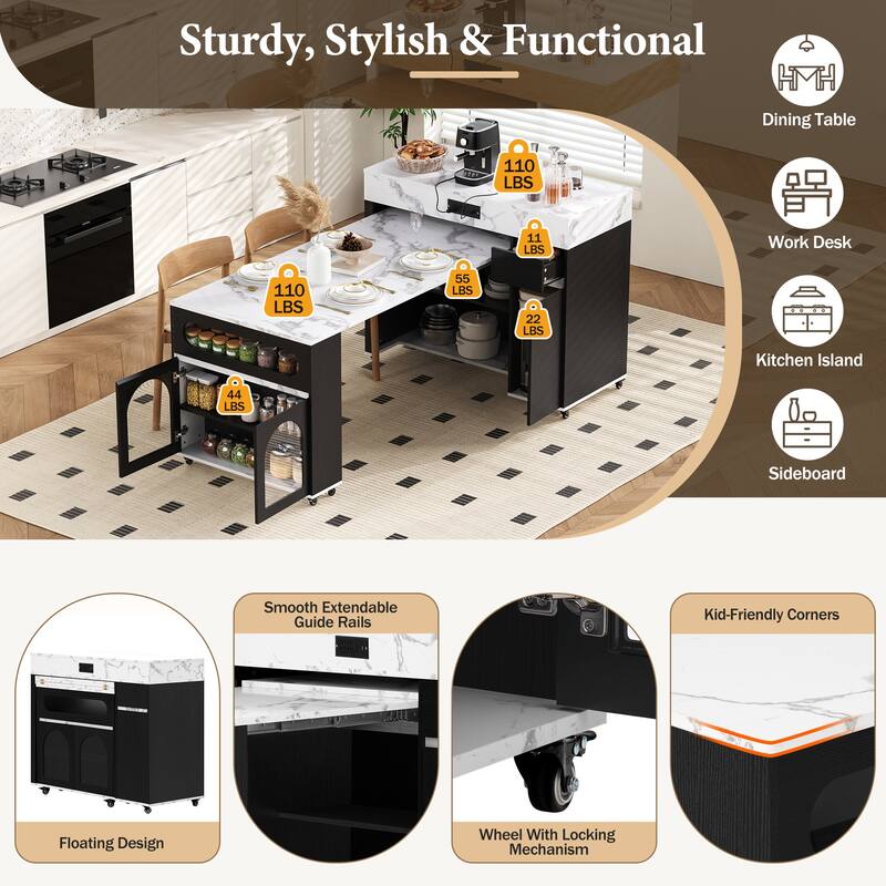 Rolling Kitchen Island with Extendable Table, Drawers, Power Outlet and Brake lock, Storage Cabinet