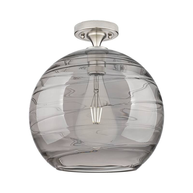 Innovations Lighting 434-1F-10-12 Crown Point Flush Mount Crown Point - Satin Nickel / Light Smoke Deco Swirl