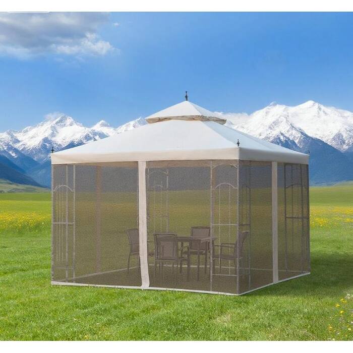 Double Roof Outdoor Gazebo Canopy Shelter with Corner Shelves and Protective Mesh Netting