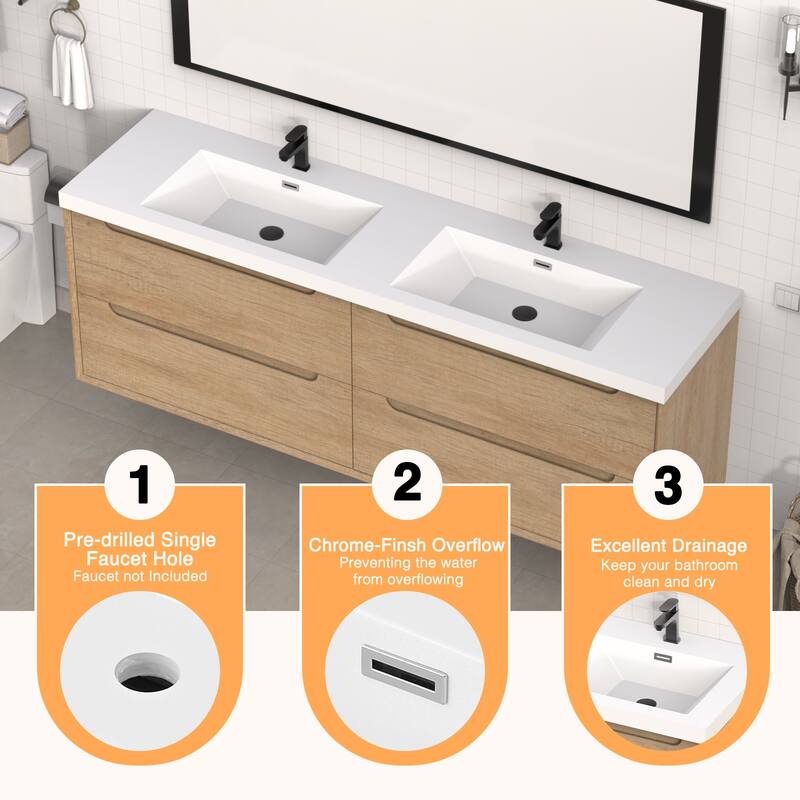 72" in. W x 26" in. D Integrated Resin Bathroom Rectangular Dual Sink Vanity Top One-Piece Design