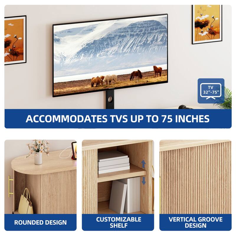 Moasis Mid-Century Modern TV Stand Fluted Entertainment Center with Mount and Drawer 2 Doors Storage Cabinets
