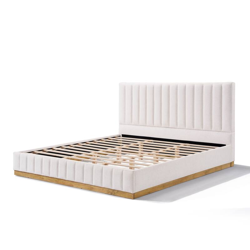 Upholstered Bed Frame Linen Fabric Platform Bed with 46''H Thick Headboard/Solid Wood Base/No Box Spring Needed/Noise Free/Beige