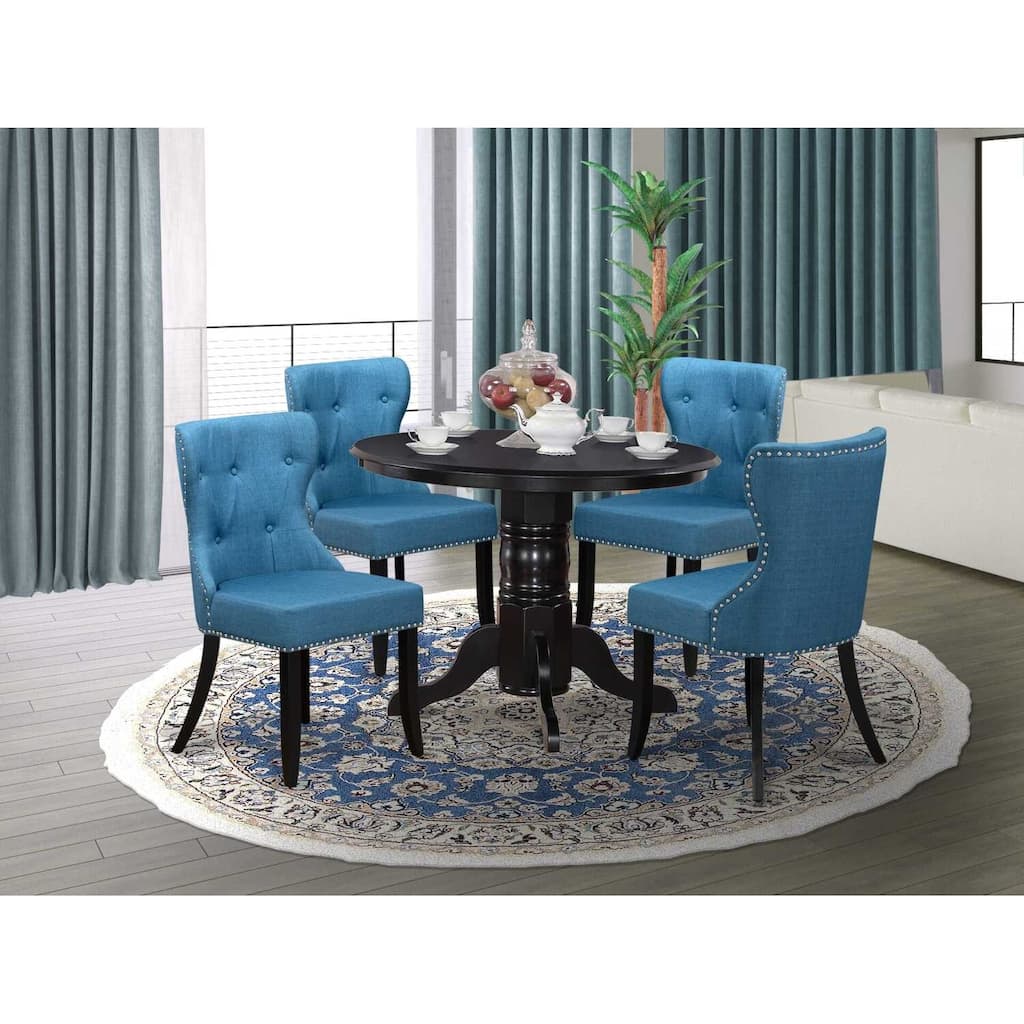 HomeStock 5-Piece Round Black Finish Solid Wood Top Dining table with 4 Chairs with Lattice Back