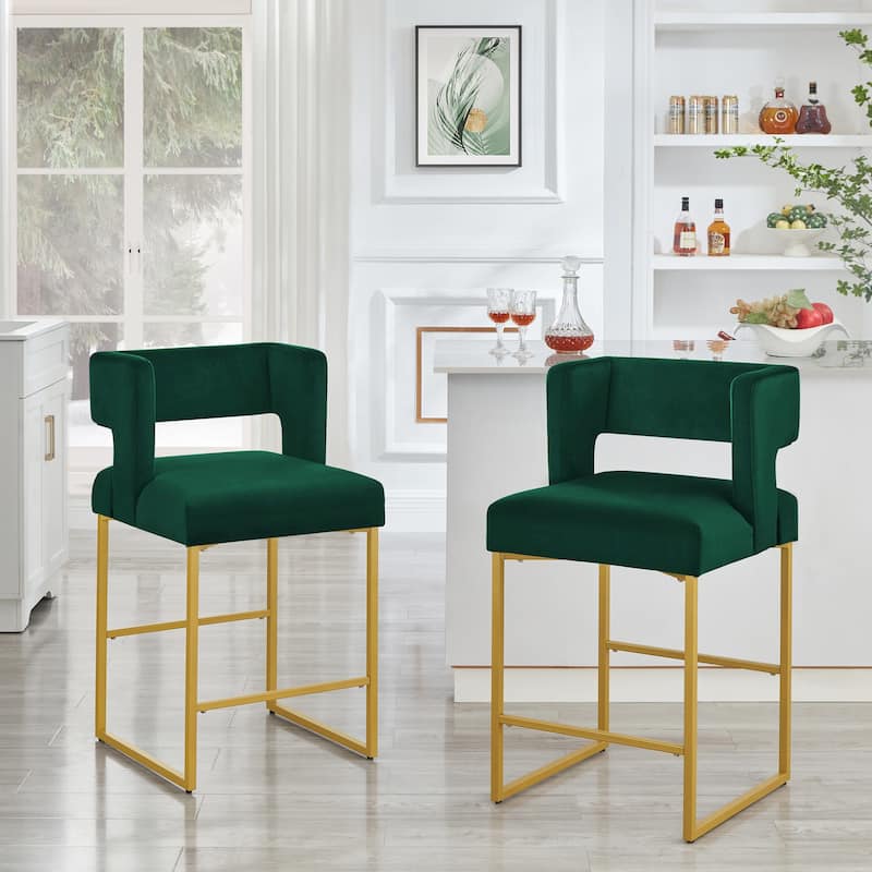Set of 2 Velvet Counter Height Bar Stools with Backrest and Footrest