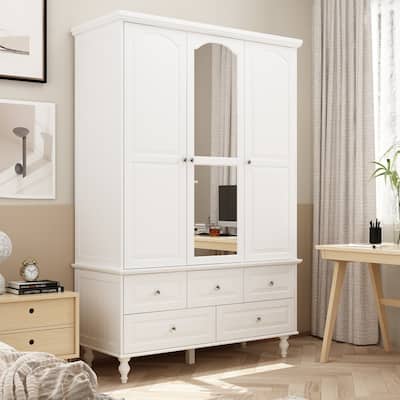70.9"H White Lacquered Armoires Wardrobes With Mirror Doors