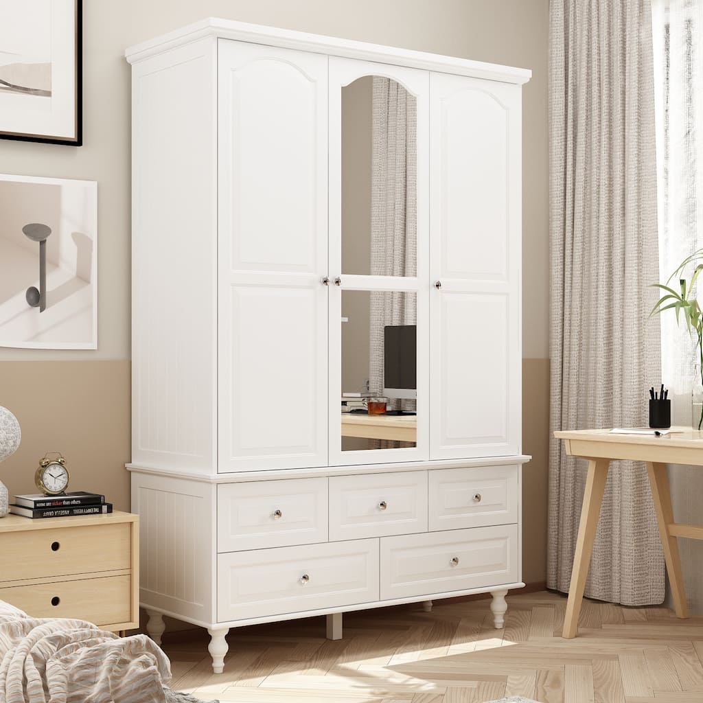 70.9"H White Lacquered Armoires Wardrobes With Mirror Doors