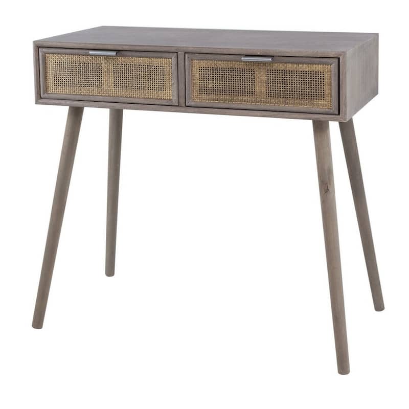 Pia 31 Inch Console Table, Pine Wood, 2 Drawer, Woven Rattan - 31 H x 16.5 W x 31.5 L Inches - Rustic Brown