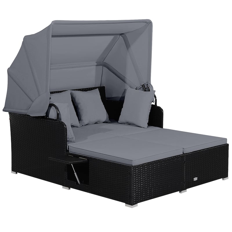 Patio Rattan Daybed Outdoor Loveseat Sofa Set with Retractable Canopy - Grey