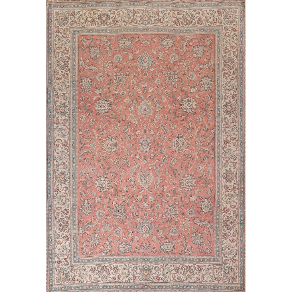 Floral Pink Tabriz Persian Vintage Rug Handmade Wool Carpet - 9'7"x 12'8"