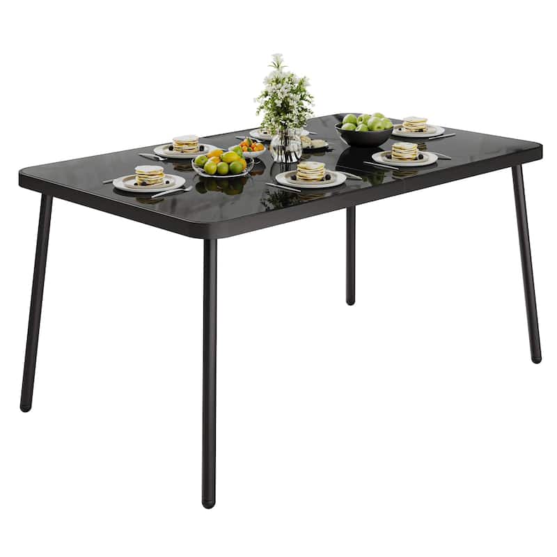59" Tempered Glass Dining Table, Rectangular Outdoor Dining Table - Black