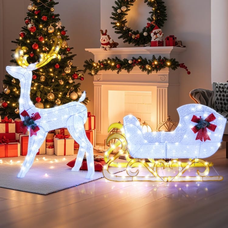 6 Feet Christmas Lighted Reindeer and Santa's Sleigh Decoration with 4 Stakes - 19.5" x 72.5" x 48.5" (L x W x H)