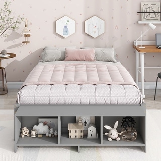 Full Size Platform Bed with Bed-end Storage Case & 2 Storage Drawers, Wooden Storage Bed Frame for Children Teens Adults Bedroom