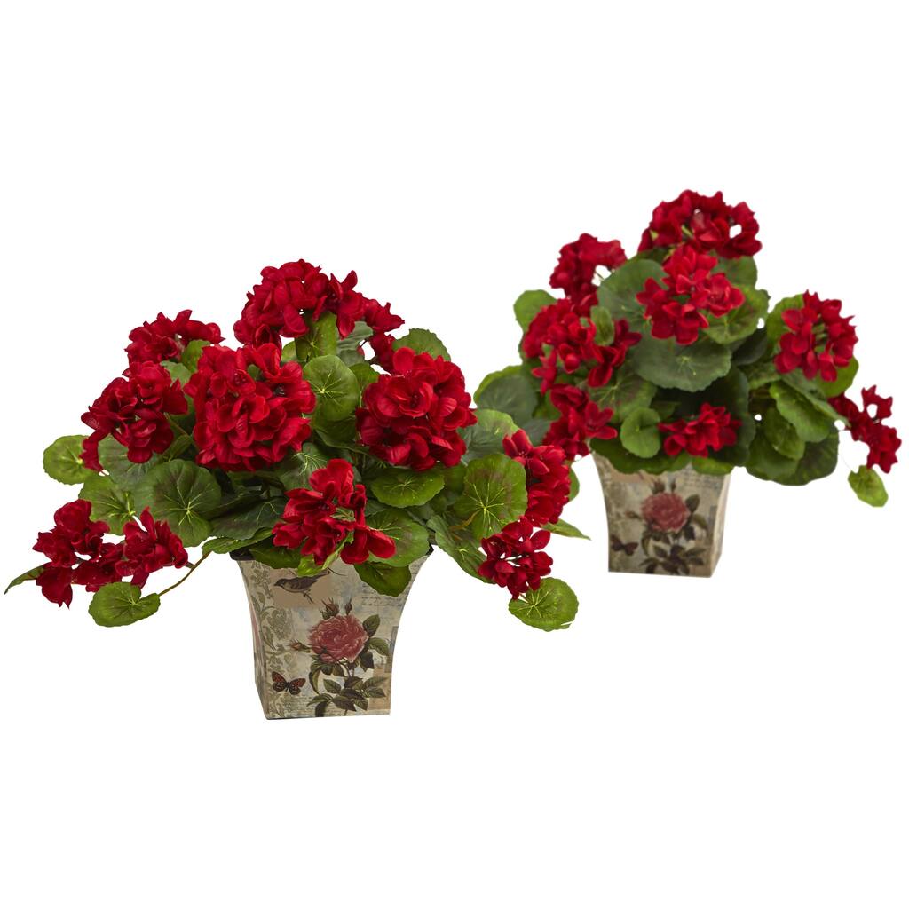 2 Red Geranium Flower Artificial Silk Plants Floral Planter 13"