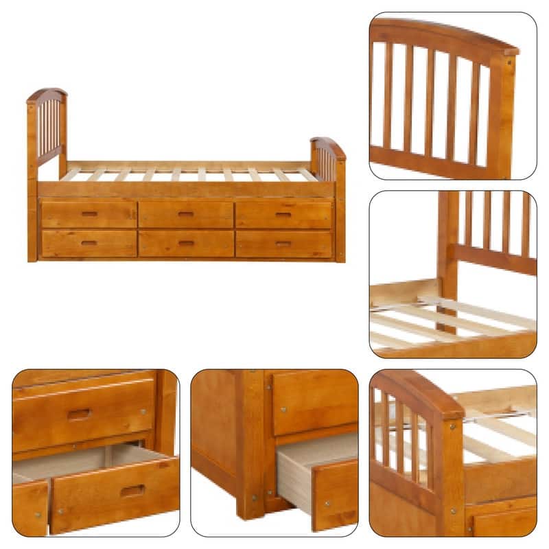 Storage twin frame Oak shelf bed Solid Wood drawers in bed